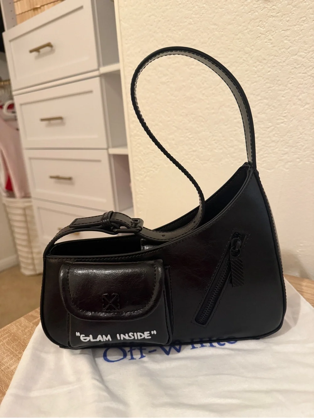 Authentic Designer Off-White Black Mini Glam Inside Shoulder/Crossbody Purse